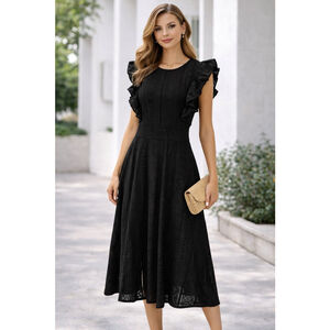 Ecowish Black Eyelet Dress Ruffle Sleeve Embroidered Midi Size M